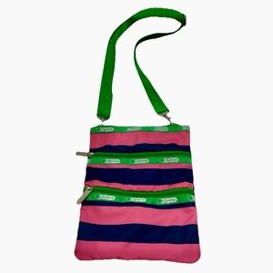 LeSportSac Kasey Rugby Striped Nylon‎ 3-Zip Crossbody Bag Pink Navy Green